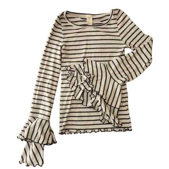 WE the Free People size xs double bell sleeve Jersey Stretch white black striped - Picture 2 of 5